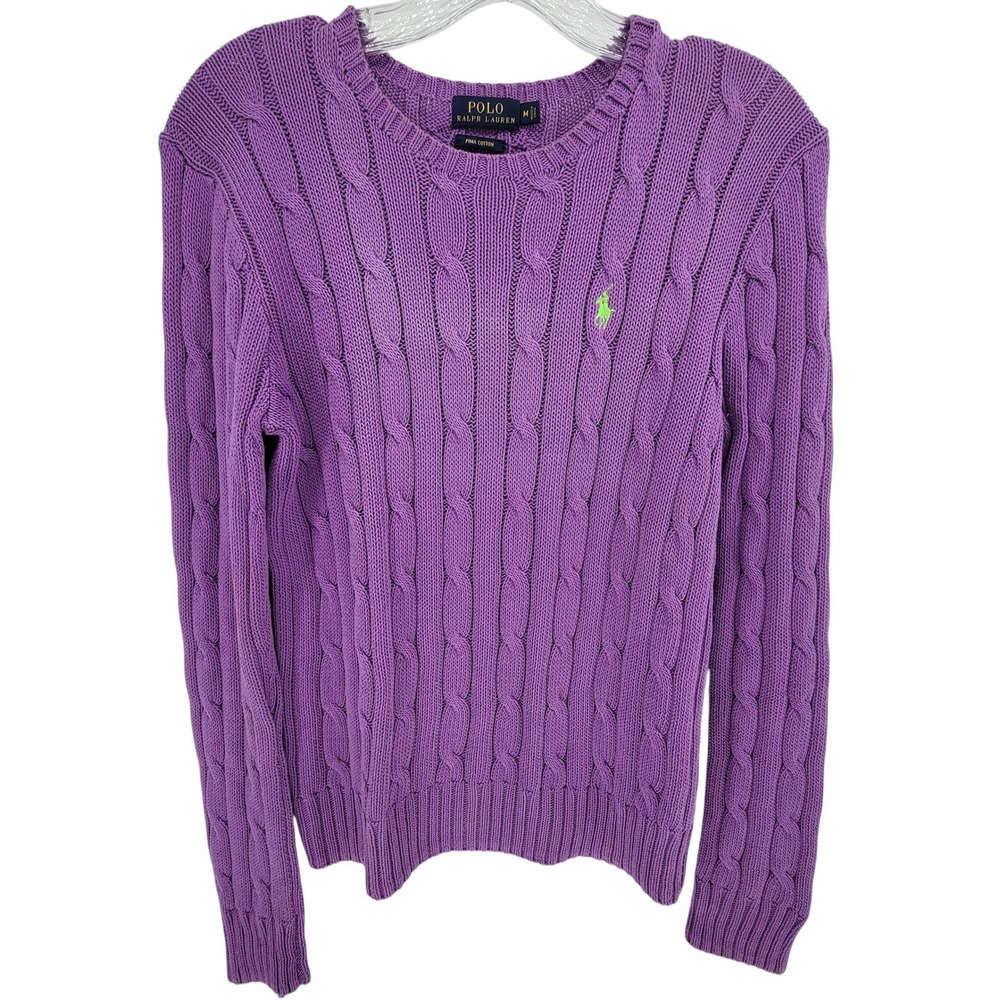 Polo Ralph Lauren Womens Pima Cotton Cable Knit Sweater Purple Lime Green Pony M